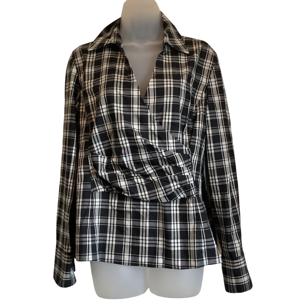 Talbots Womens Black White Plaid Stretch Faux Wrap Blouse Side Zip Top Size 12